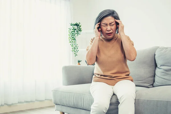 Agonizing Senior Woman Headache Compress Her Temple Both Hands Her — Fotografia de Stock