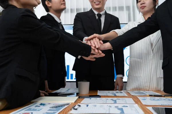 Closeup Business Team Suit Clad Businessmen Women Join Hand Stack — Fotografia de Stock