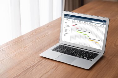 Ekip projesinin zaman çizelgesini gösteren bilgisayar ekranında, modern iş projesi yönetimi için proje planlama yazılımı