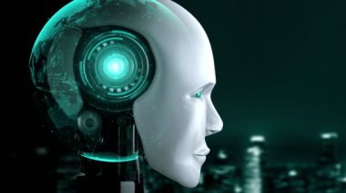 Futuristic robot artificial intelligence huminoid AI programming coding technology development and machine learning concept. Robotic bionic science research for future of human life. 3D rendering.