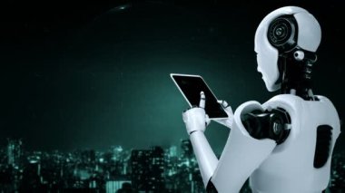 Futuristic robot artificial intelligence huminoid AI for industrial factory technology development and machine learning concept. robotic bionic science research for future of human life. 3D rendering.