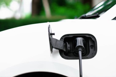 Closeup electric vehicle plugged-in with cable from charging point powered for progressive concept by alternative clean energy rechargeable EV car at home charging station.