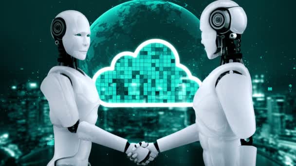 Robot Huminoid Uses Cloud Computing Technology Store Data Online Server — стоковое видео