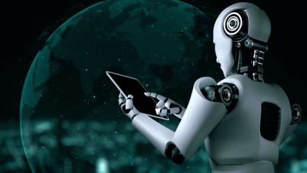 Robot Hominoid Med Hjälp Surfplatta För Big Data Analytics Med — Stockvideo