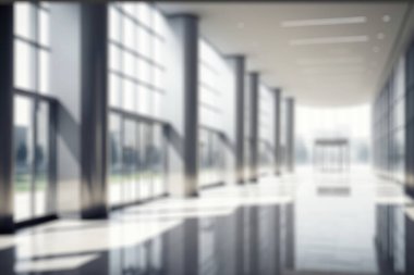 Blur background of empty entrance hall of modern public station or large convention center lobby . Contemporary beautiful office hallway with bright and clean composition