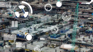 Otomasyon konseptini ve uzaktan kablosuz makine kontrolünü gösteren bir bilgisayar yazılımında fütüristik HUD kullanarak inşaat teknolojisi konsepti üzerinde değişiklik grafiği içeren konsept .