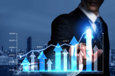 Businessman analyst working with digital finance business data graph showing technology of investment strategy for perceptive financial business decision. Digital economic analysis technology concept.