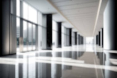Blur background of empty entrance hall of modern public station or large convention center lobby . Contemporary beautiful office hallway with bright and clean composition