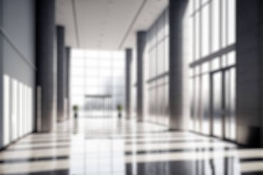 Blur background of empty entrance hall of modern public station or large convention center lobby . Contemporary beautiful office hallway with bright and clean composition