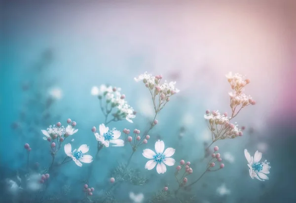 Small white flower with gentle blue and pink colors for spring and summer abstract background . Sublime Generative AI image .