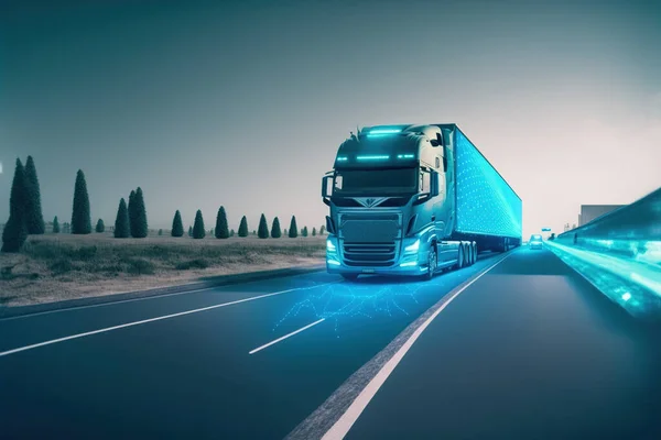Self driving futuristic freight truck deliver goods to warehouse on city highway road with advanced scanning sensor for safety and speed control . Sublime Generative AI image .