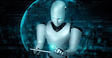 Futuristic robot artificial intelligence huminoid AI programming coding technology development and machine learning concept. Robotic bionic science research for future of human life. 3D rendering.