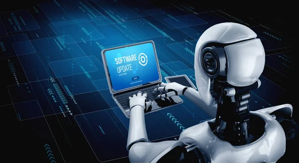 Robot Using Modish Software Application Computer Showing Artificial Intelligence Machine — Stock Fotó
