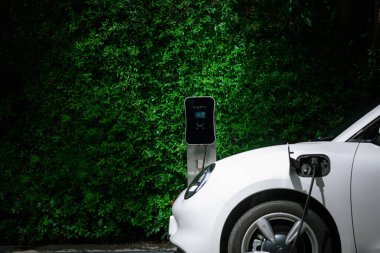 Side view of progressive electric vehicle parking next to public charging station with greenery, natural foliage background as concept for renewable and clean energy for eco-friendly car.