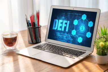 Model bilgisayar ekranında merkezi olmayan finans veya DeFi kavramı. Defi sistemi yeni yatırım ve tasarruf seçenekleri sunuyor .