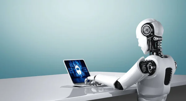 Robot Using Modish Software Application Computer Showing Artificial Intelligence Machine — 图库照片