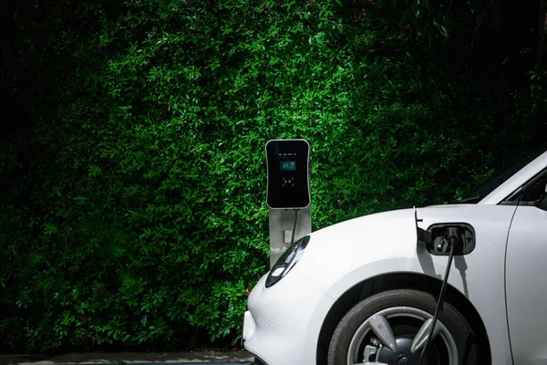 stock image Side view of progressive electric vehicle parking next to public charging station with greenery, natural foliage background as concept for renewable and clean energy for eco-friendly car.