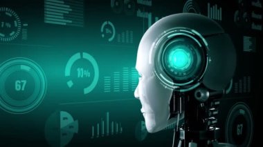 Future financial technology controll by AI robot huminoid uses machine learning and artificial intelligence to analyze business data and give advice on investment and trading decision . 3D rendering .