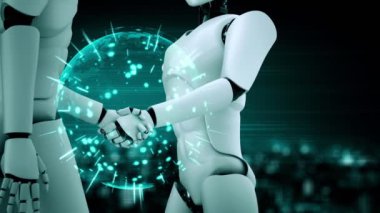 3D rendering hominoid robot handshake to collaborate future technology development by AI thinking brain, artificial intelligence and machine learning process for 4th industrial revolution.