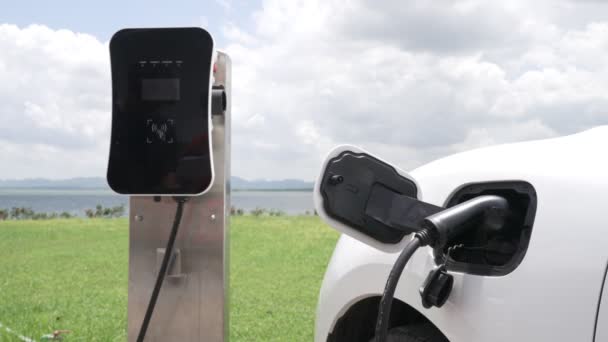 电动汽车概念的进步 电动汽车与充电站并存 可再生能源生态车绿地绿山绿地清洁环境的自然背景 — 图库视频影像