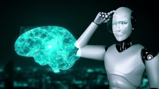 Robot Hominoïde Intelligence Artificielle Pensant Analysant Écran Hologramme Montrant Concept — Video