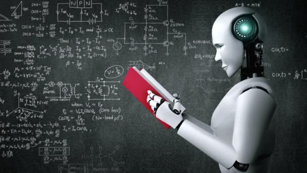Renderização Livro Leitura Hominóides Robôs Solução Análise Dados Matemáticos Conceito — Vídeo de Stock