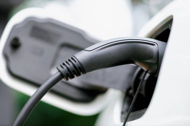 Closeup electric vehicle plugged-in with cable from charging station powered for progressive environmental automotive industry concept by alternative clean energy rechargeable EV car at charging point