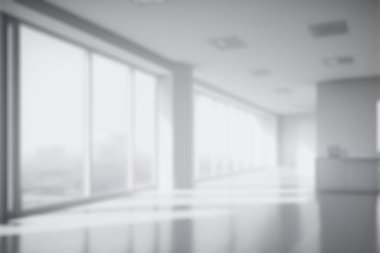 Blur background of empty modern office background . Workspace interior design white color . Clean and bright office gallery background