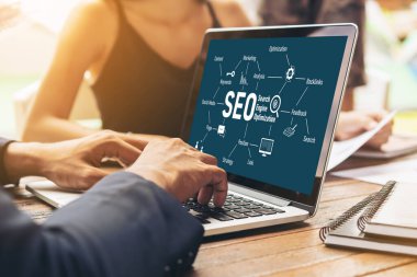 Model e-ticaret için SEO arama motoru optimizasyonu ve bilgisayar ekranında gösterilen çevrimiçi perakende işi