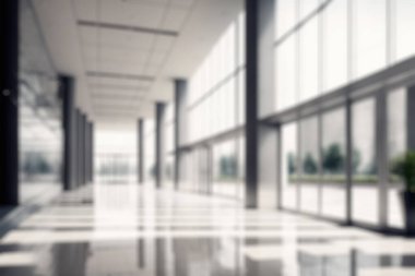 Blur background of empty entrance hall of modern public station or large convention center lobby . Contemporary beautiful office hallway with bright and clean composition