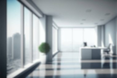 Blur background of empty modern office background in city center . Workspace interior design . Clean and bright office gallery background