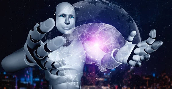 Hominoid Robot Holding Virtual Hologram Screen Showing Concept Brain Artificial — Stock fotografie