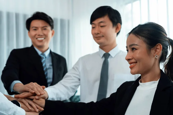 Closeup Business Team Suit Clad Businessmen Women Join Hand Stack — ストック写真