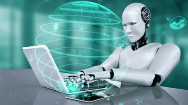 Future financial technology controll by AI robot huminoid uses machine learning and artificial intelligence to analyze business data and give advice on investment and trading decision . 3D rendering .