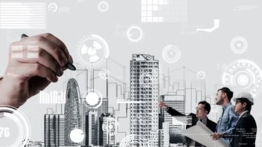 Şehir sivil planlama ve yaratıcı gayrimenkul geliştirme. Yaratıcı şehir binası tasarlamak için soyut şehir çizimine bakan mimar insanlar. Mimarlık hayali ve hırs konsepti.