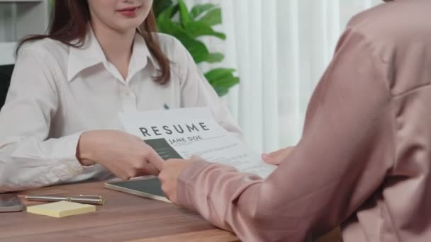 Closeup Young Enthusiastic Candidate Interview Professional Manager Office Employer Reviewing — Stock Video