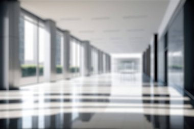 Blur background of empty entrance hall of modern public station or large convention center lobby . Contemporary beautiful office hallway with bright and clean composition