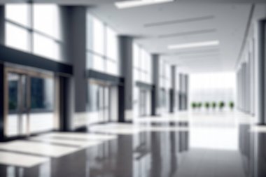 Blur background of empty entrance hall of modern public station or large convention center lobby . Contemporary beautiful office hallway with bright and clean composition