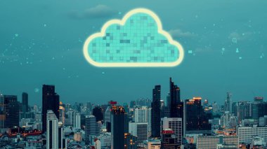 Bulut hesaplama teknolojisi ve veri paylaşımı için çevrimiçi veri depolama. Bilgisayar, bulut veri transferi için internet ağ sunucu servisine bağlanır ve 3B fütürist grafik arayüzünde gösterilir .