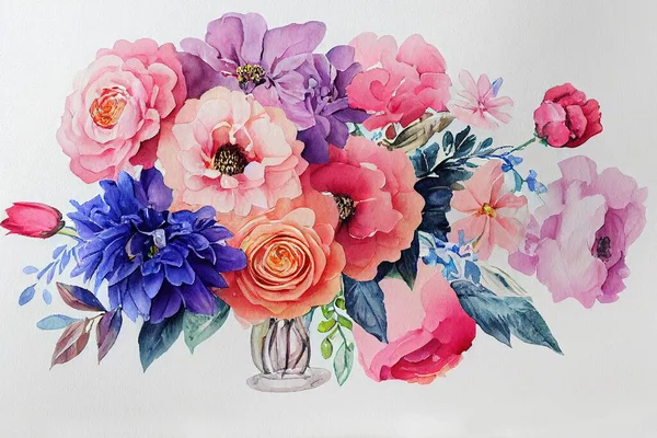 꽃다발은 작품의 수채화 작품을 배열하였다 여름의 수채화 형식의 꽃이다 디지털 — 스톡 사진
