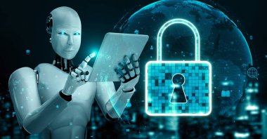 AI robot huminoid uses cloud computing technology to store data on online server . Futuristic concept of cloud information storage analyzed by machine learning process . 3D rendering .