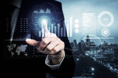 Businessman analyst working with digital finance business data graph showing technology of investment strategy for perceptive financial business decision. Digital economic analysis technology concept.
