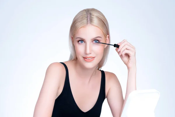 Closeup Personable Woman Blond Hair Putting Black Mascara Brush Hand — Photo