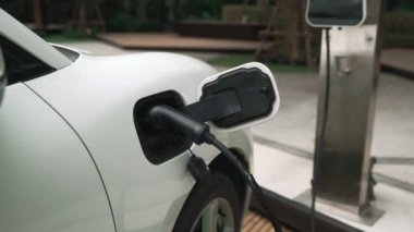 Elektrikli araba parkı ve şarj istasyonunun yanında şarj edilen enerji konseptinin sürdürülebilirliği. Çevresel koruma için yenilenebilir enerji tarafından kullanılan elektrikli araç.