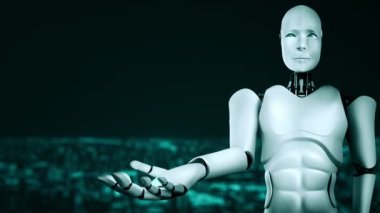 Future financial technology controll by AI robot huminoid uses machine learning and artificial intelligence to analyze business data and give advice on investment and trading decision . 3D rendering .