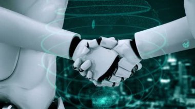 Future financial technology controll by AI robot huminoid uses machine learning and artificial intelligence to analyze business data and give advice on investment and trading decision . 3D rendering .