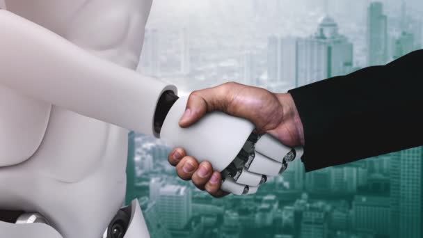 Rendering Hominoid Robot Handshake Collaborate Future Technology Development Thinking Brain — Stock Video