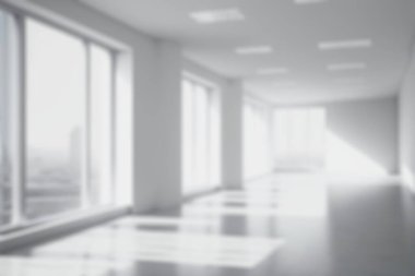 Blur background of empty modern office background . Workspace interior design white color . Clean and bright office gallery background