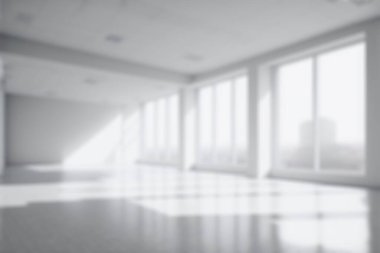 Blur background of empty modern office background . Workspace interior design white color . Clean and bright office gallery background