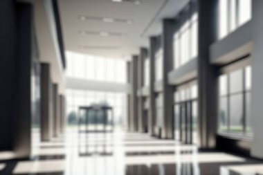 Blur background of empty entrance hall of modern public station or large convention center lobby . Contemporary beautiful office hallway with bright and clean composition